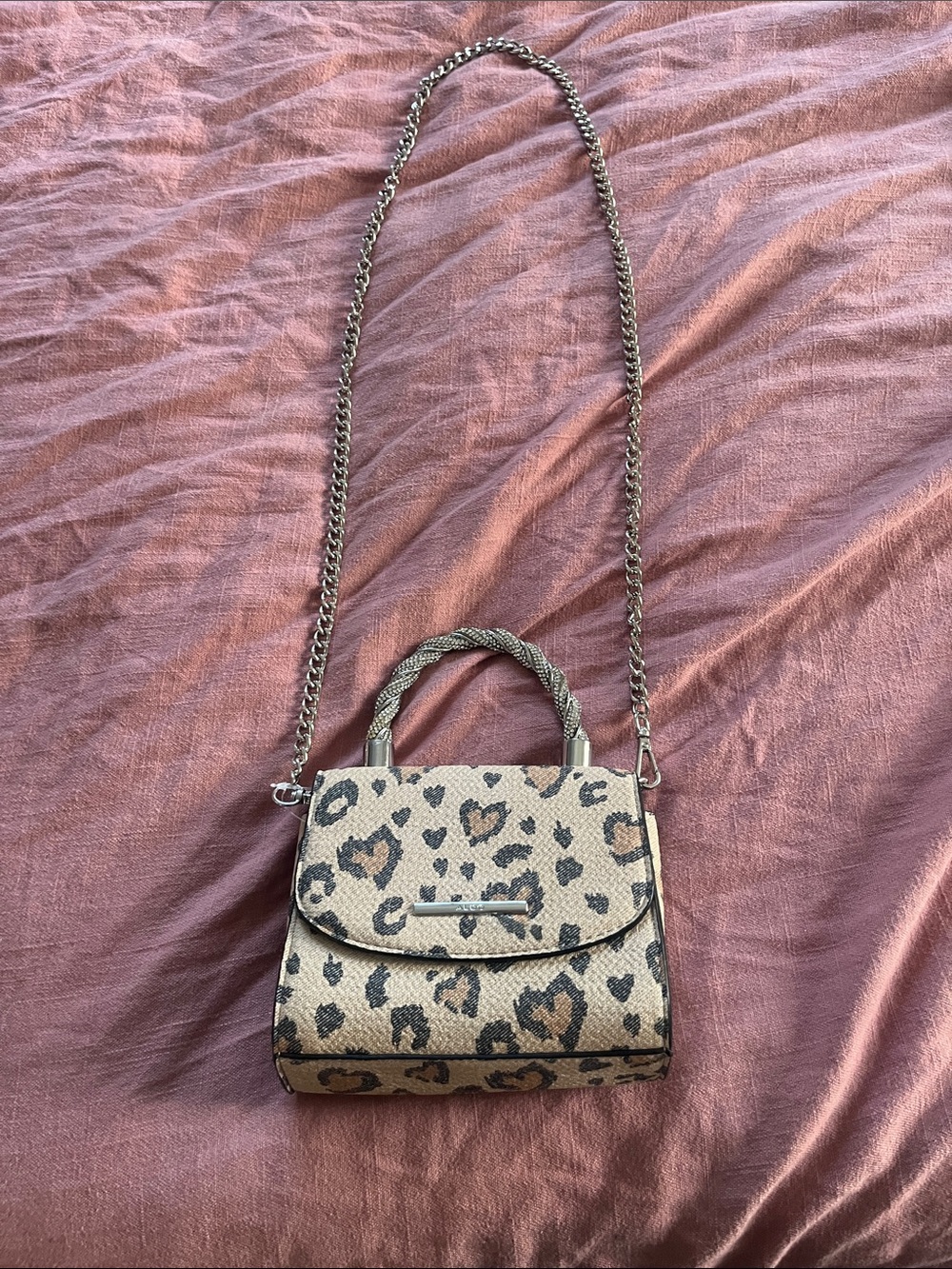 Aldo Beige Leopard Print Braided-Handle Crossbody Bag